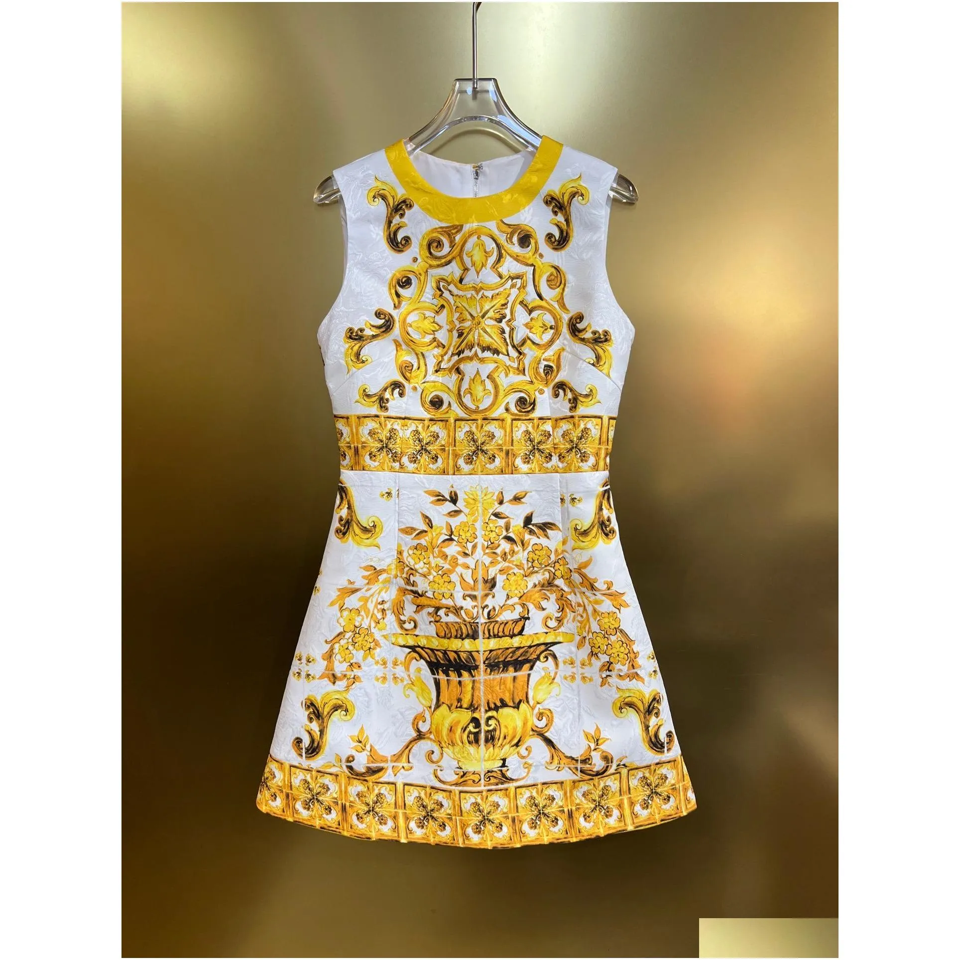 European fashion brand yellow porcelain printed gather waist jacquard vest mini dress