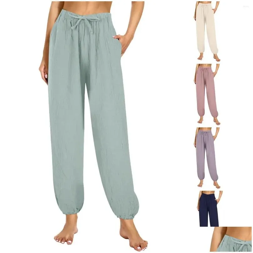 Women`s Pants 2024 Womens Spring Summer Cotton Linen Solid Elastic Waist Candy Colors Harem Trousers Casual Female Pantalone