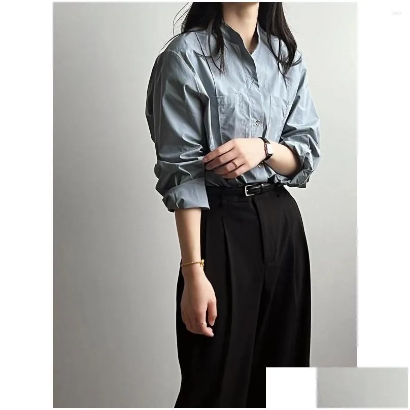 Women`s Blouses Standing Collar Shirt Woman Cotton