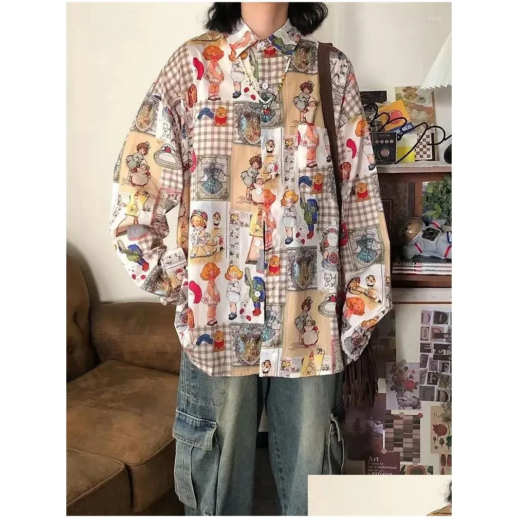 Women`s Blouses Y2K Vintage Oversized Shirt Autumn 2024 Lazy Style Top With Japanese Retro Plaid Prints Kawaii Clothes