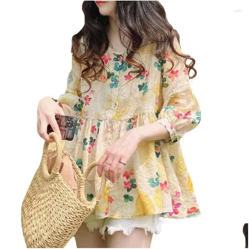 Women`s Blouses Summer Casual Cotton Linen Shirt Half Sleeve Floral Printed Tops Korean Loose Sweet Women Blouse