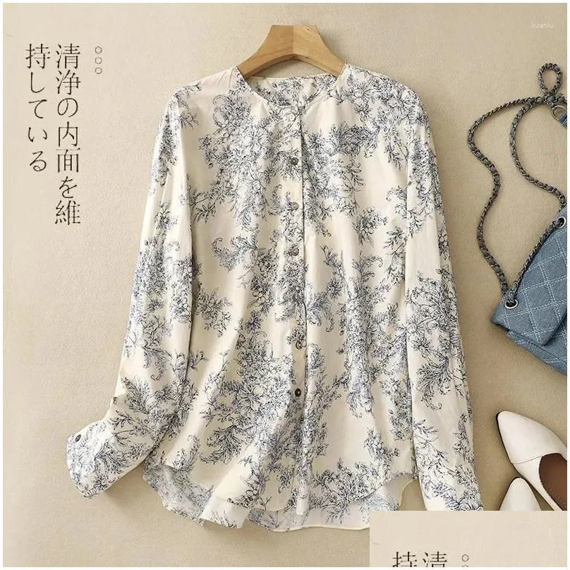 Women`s Blouses Limiguyue Summer Blue And White Porcelain Print Blouse Women Chinese Style O-Neck Long Sleeve Cotton Shirts Causal Tops