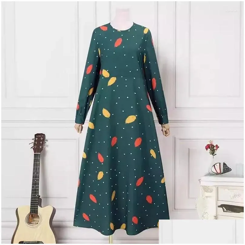 Ethnic Clothing 2024 Muslim Women`s Fashion Casual Dress With Leaf Dot Print Spring And Autumn Long Sleeved Bohemian Flare