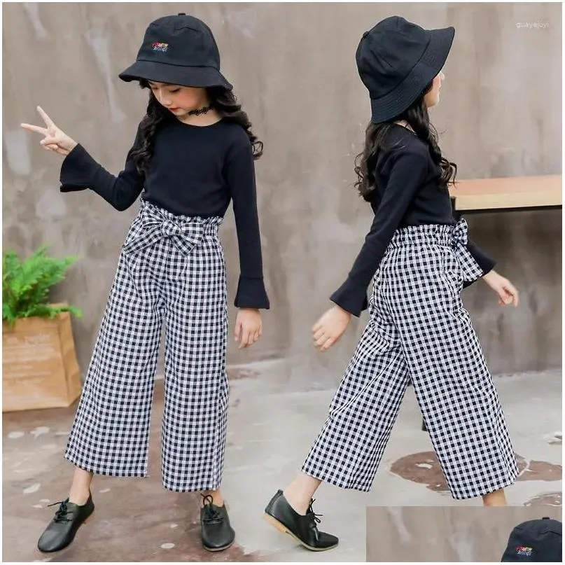 Clothing Sets Girl Clothes Set Children Flared Long Sleeve Solid Black T-shirt Plaid Wide Leg Pants Suits 2pcs Outfits Kids