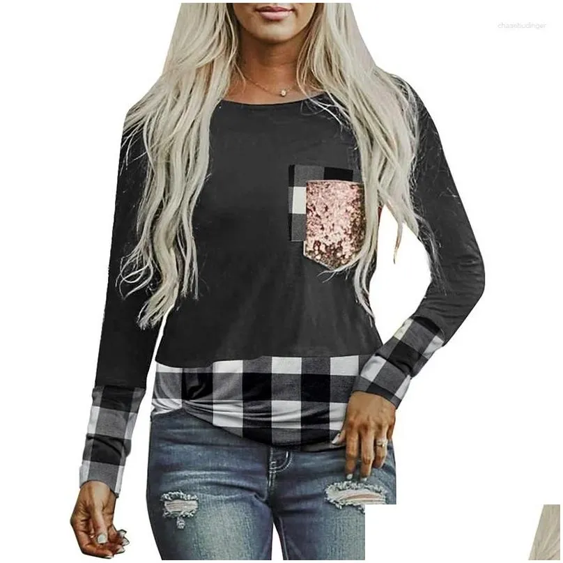 Women`s T Shirts Ladies Street Hipster Casual T-shirt Autumn Striped Contrast Color Long Sleeve O-neck Fit Pocket
