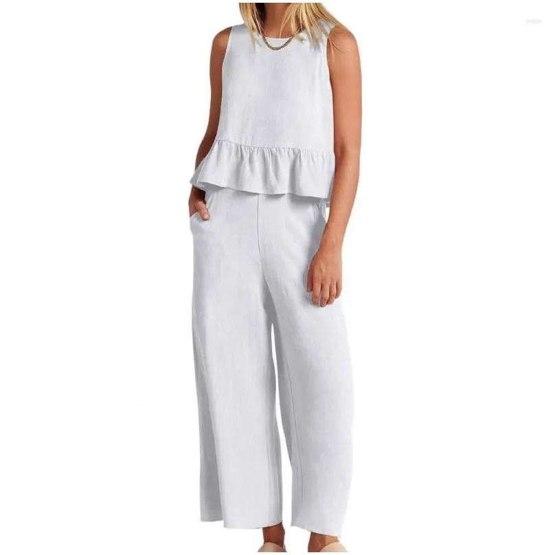 Women`s Two Piece Pants 2 Pcs/Set Solid Color Pockets Keep Cooling Deep Crotch Women Summer Outfit Set Tank Top Lady Garment
