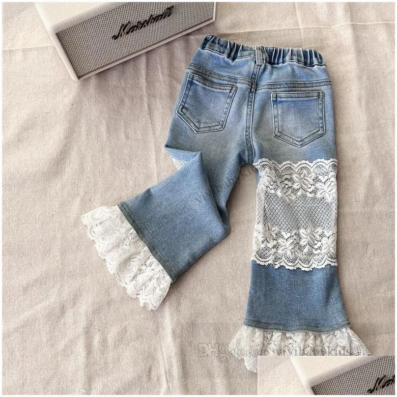 Fashion Girls jeans kids splicing lace embroidery denim flare pants 2024 spring children elastic waist  trousers Z7661