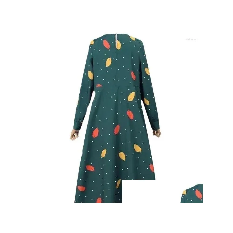 Ethnic Clothing 2024 Muslim Women`s Fashion Casual Dress With Leaf Dot Print Spring And Autumn Long Sleeved Bohemian Flare