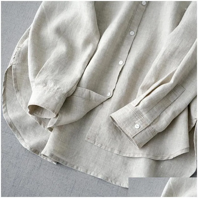 Women`s Blouses Linen Comfortable Long Sleeved Shirt Spring Stand Collar 0805-6