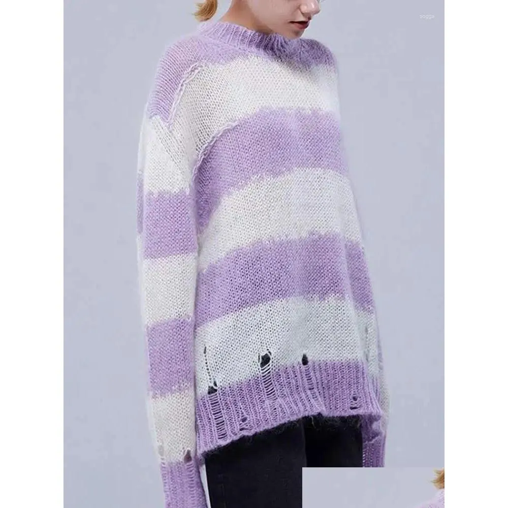 Women`s Sweaters 2023 Spring And Autumn Sweater Mohair Striped Hole Loose Casual Knitted Pullover