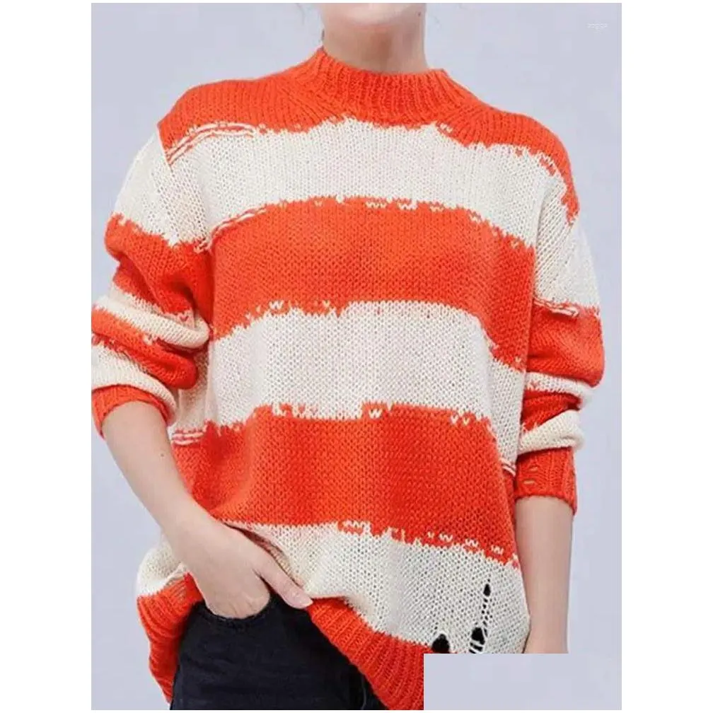 Women`s Sweaters 2023 Spring And Autumn Sweater Mohair Striped Hole Loose Casual Knitted Pullover