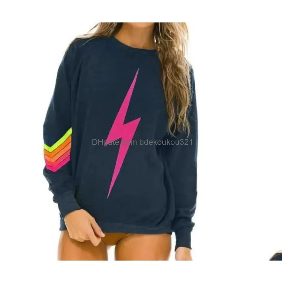 Women`S Hoodies & Sweatshirts Women S 2023 Autumn And Winter Elastic Sweatshirt Rainbow Print Round Neck Plover Nation 5 Srtipe Sweat Dhpvu