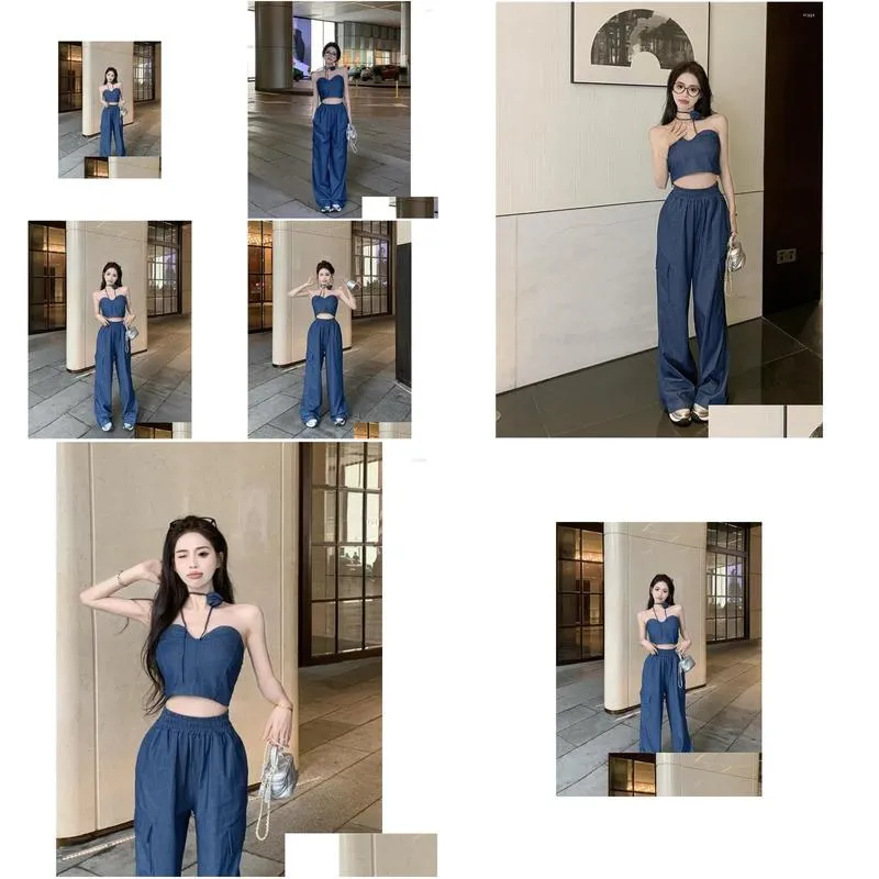 Women`s Two Piece Pants Retro Girls Suit Women`s Strapless Vest Summer High Waist Slim Wide Leg Floor Dragging Two-piece Set Female