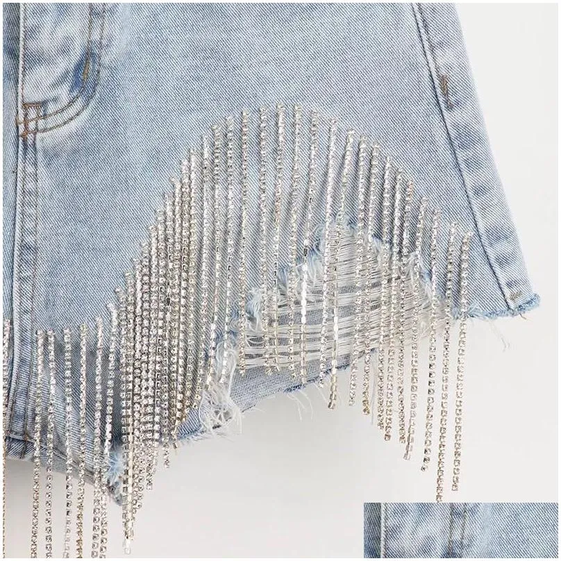 Women`S Shorts Denim Women Clothing Fashion Summer Ripped Jeans Short Femme High Waist Diamond Tassel Y2K Casual Bot For Ladies 22042 Dhe2C