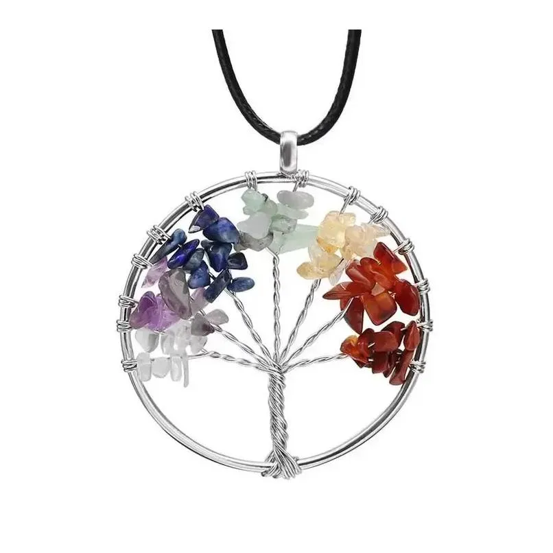 Pendant Necklaces Tree Of Life Quartz Necklace Rainbow 7 Chakra Mticolor Natural Stone Wisdom Leather Chain For Girls Gift Drop Delive Dhnj5