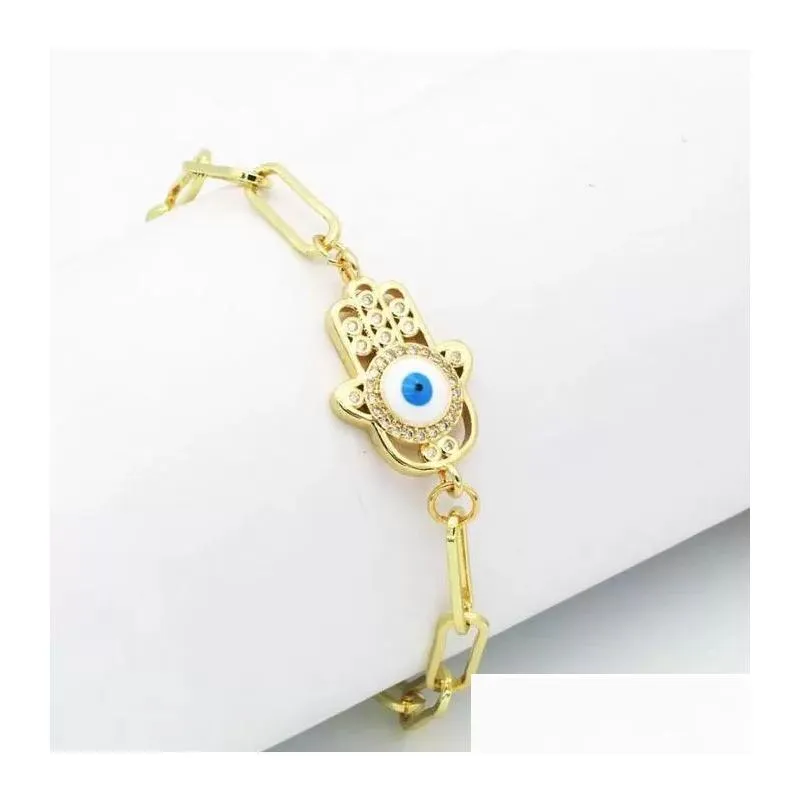 Charm Bracelets Gold Plated Cz Fatima Hand Evil Eye Copper Chain Bracelet Hip Hop Jewelry For Man Woman Party Gift Drop Delivery Dhtiq