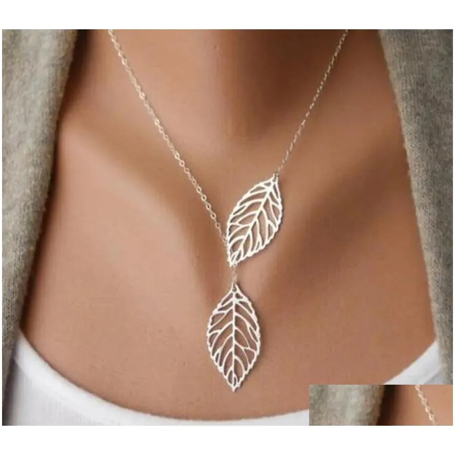 Pendant Necklaces Simple European Vintage Punk Gold Hollow Two Leaf Leaves Necklace Clavicle Chain Charm Jewelry Drop Delivery Pendant Dhf8G