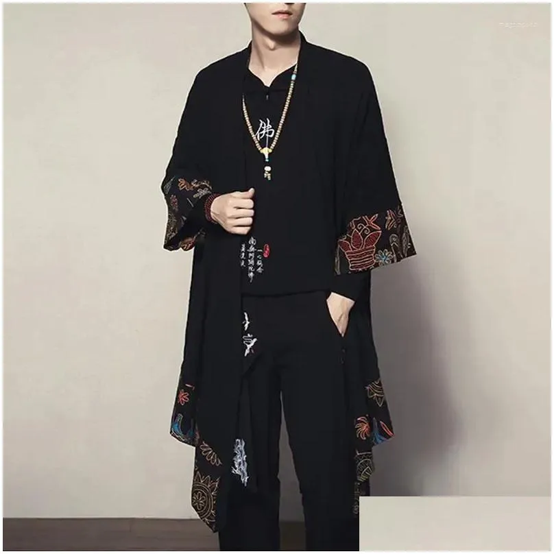 Ethnic Clothing Men`s Top Loose Coat Tang Jacket Traditional Chinese Costume Spring Summer Hanfu Mid-length