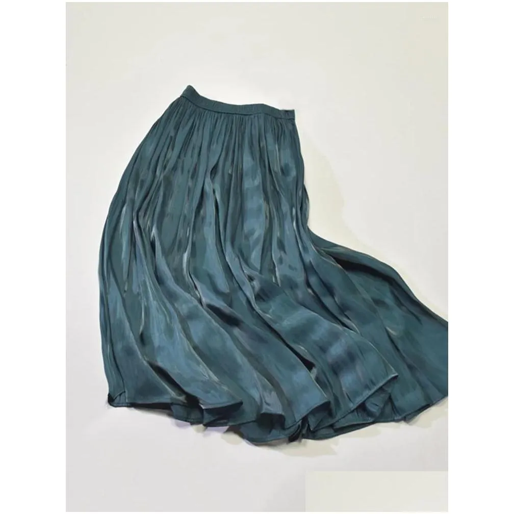 Skirts Faldas Elegant Solid Midi Pleated Skirt Women Korean High Waist Spring Summer Ladies Satin Maxi Female Saia 2024