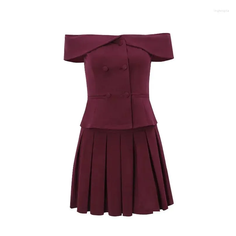 Work Dresses Mozision Sexy Skirt Two Piece Set Women Off-shoulder Tops And Pleated Mini Matching Sets Femme Fashion