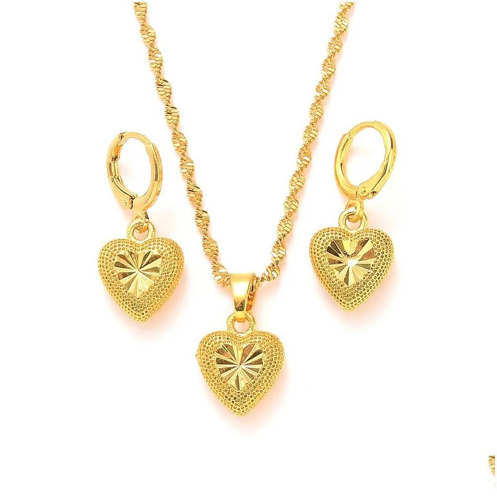 3 D Heart Shape Earring Pendant Necklace Set 14k Yellow Fine solid Gold Over Jewelry Women Dubai