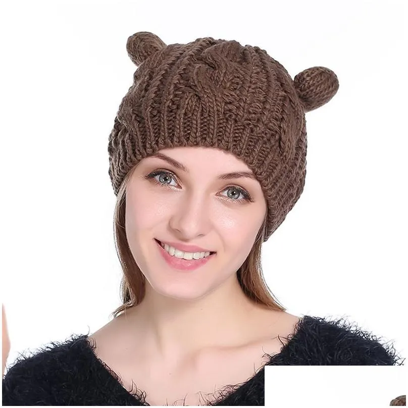 Beanie/Skull Caps Cute Cat Ear Winter Beanies For Women Casual Warm Soft Wool Blends Skl Knitted Gorro Ladies Sweet Berets Ski Hat Dro Dhjwz