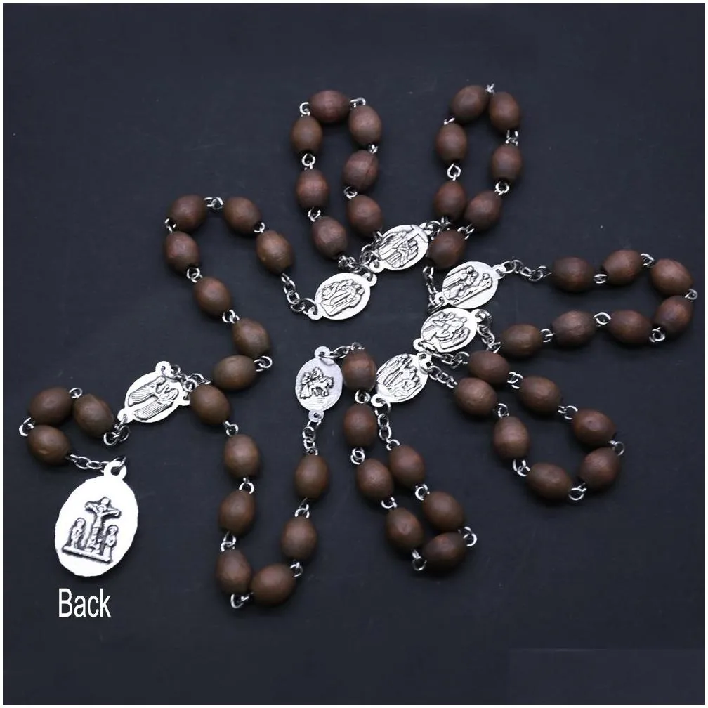 Beaded Necklaces Seven Sorrow Chaplet Rosary Oval Wooden Beads Rosaries With Virgin Mary Center Catholicism Gift Relius Drop Delivery Dhzrk