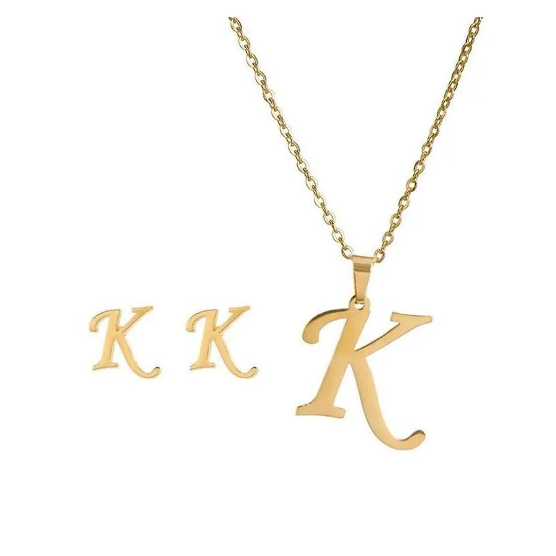 Earrings & Necklace A-Z 26 Letter Necklaces And Earring Set With Gift Card Stainless Steel Gold Choker Initial Pendant Women Alphabet Dhls6