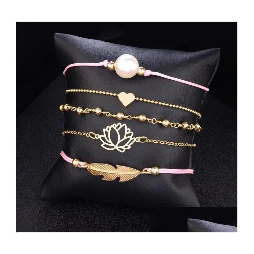 Charm Bracelets Bohemian 5Pcs/Set Leaves Heart Love Lotus Pearl Bracelet Chain Woven Mtilayer Set Women Fashion Gold Jewelry Wholesal Dhjcg