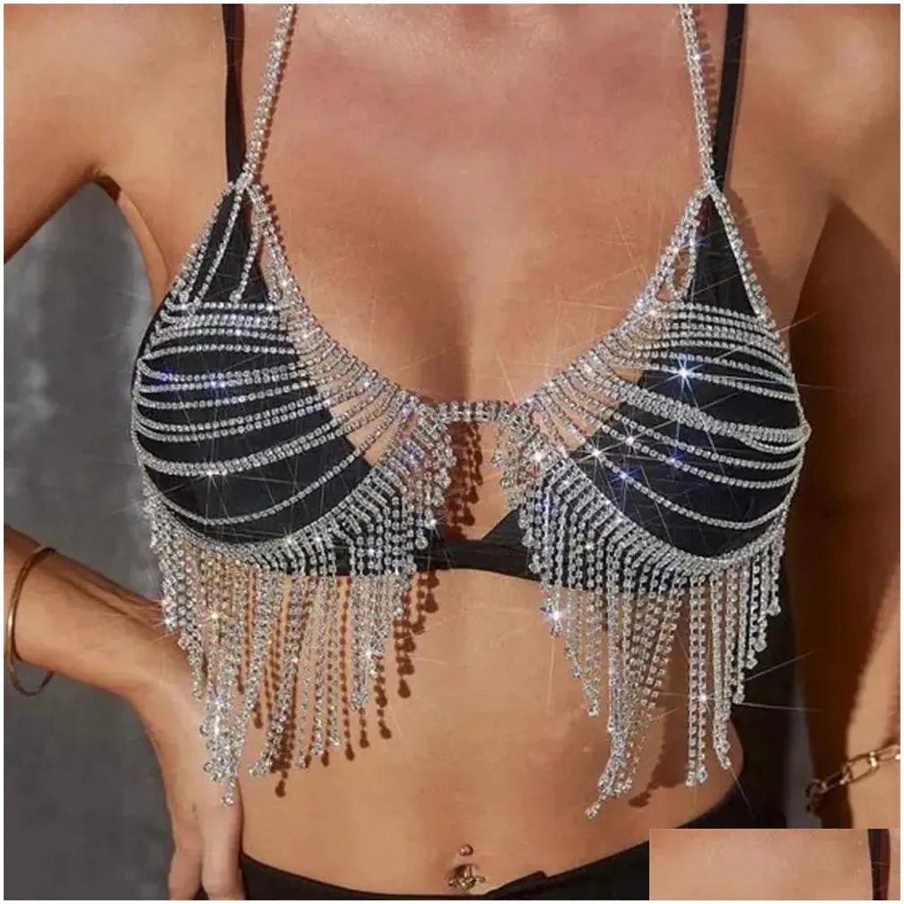 Other Luxury Mesh Tassel Chest Chain Bra Top Crystal Lingerie Bikini Sexy Body Jewelry For Women Festival Gift 221008