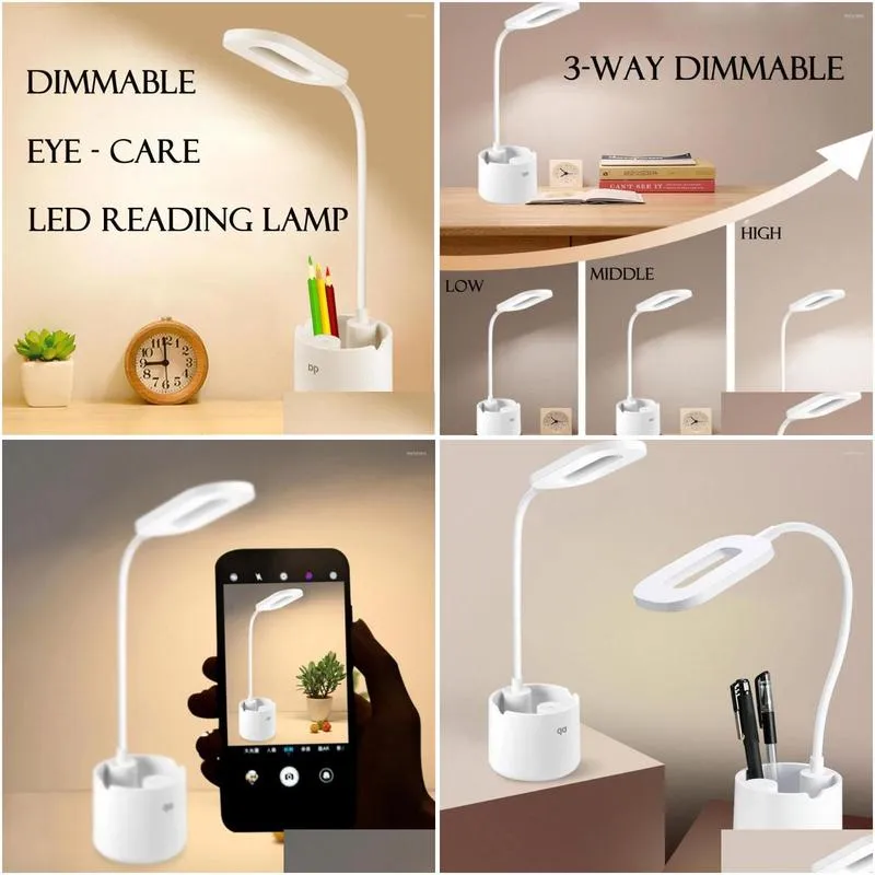 Table Lamps Dimmable Desk Lamp USB Pen Holder LED Reading Light Rechargeable Eye-care Lights Student Kids Study Bedroom Lighting