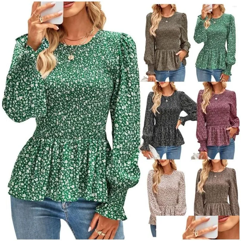 Women`s Blouses Autumn Clothing Print Round Neck Pleated Fashion Long Sleeve Women Blouse Cotton Shirt Short