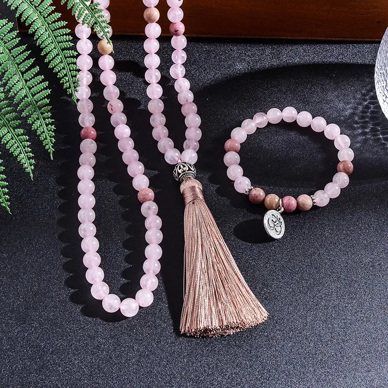 Beaded Necklaces 8mm Natural Rhodolite Rose Quartz Beaded Necklace Set Meditation Yoga Spirit Jewelry 108 Japa Mala Rosary with OM Pendant