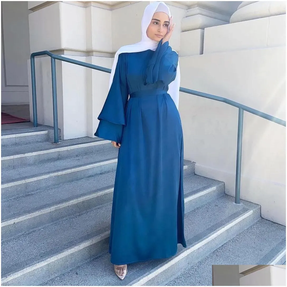 Ethnic Clothing Ramadan Eid Satin Hijab Dress Dubai Abaya Turkey Summer Flare Sleeve Muslim Fashion Maxi Dresses For Women Islam Kaft Dhdiv