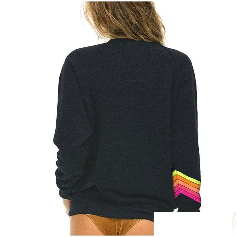 Women`S Hoodies & Sweatshirts Women S 2023 Autumn And Winter Elastic Sweatshirt Rainbow Print Round Neck Plover Nation 5 Srtipe Sweat Dhj49