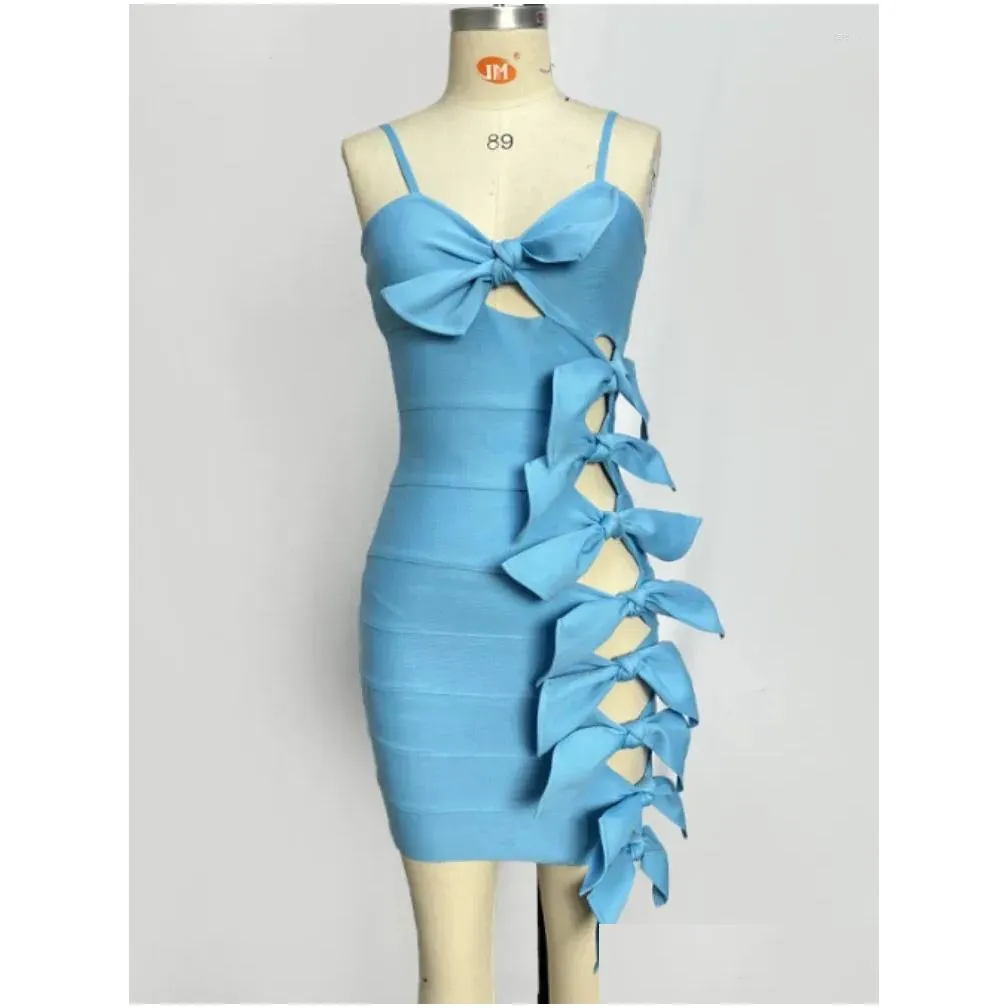 Casual Dresses Women Summer 2024 Sexy Cut Out Blue Bow Tie Bandage Mini Knitted Elegant Evening Club Party Dress