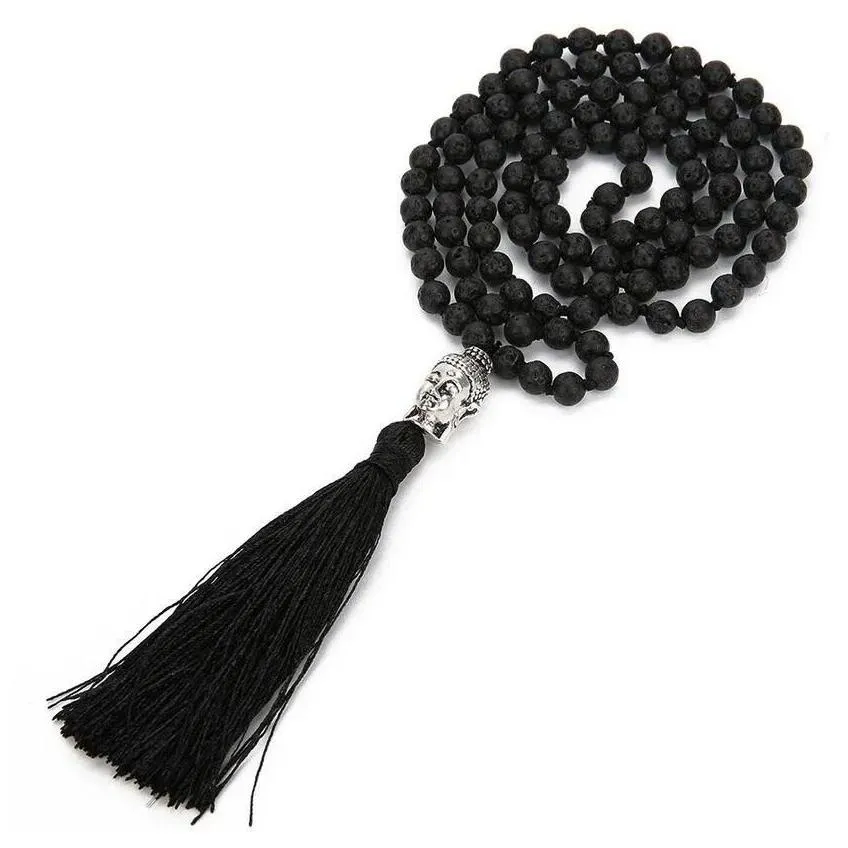 Beaded Necklaces Boho Lava Rock Long Tassel Necklace Diffuser  Oil Black Natural Stone Buddha Beads Sweater Chain For Women F Dhcik