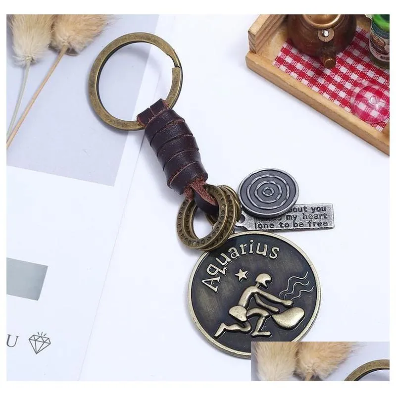 Keychains & Lanyards 12 Constellation Keychain Cowe Zodiac Retro Woven Key Chain Bronze Keyring For Birthday Gift Drop Delivery Fashi Dh1Y6