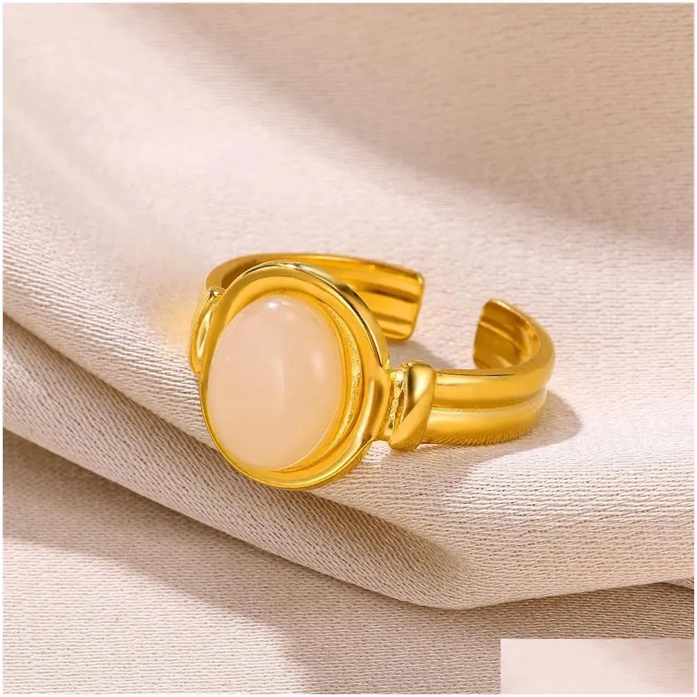 Opal Geometric 14k Yellow Gold Rings For Women Width Circle Open Rings Finger Fashion Wedding Jewelry Christmas GIfts