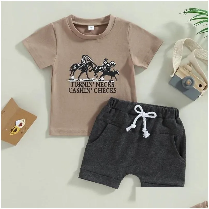 Clothing Sets Baby Boy Western Clothes Cute Farm Print Short Sleeve T-Shirt Shorts Set Toddler Summer Outfits