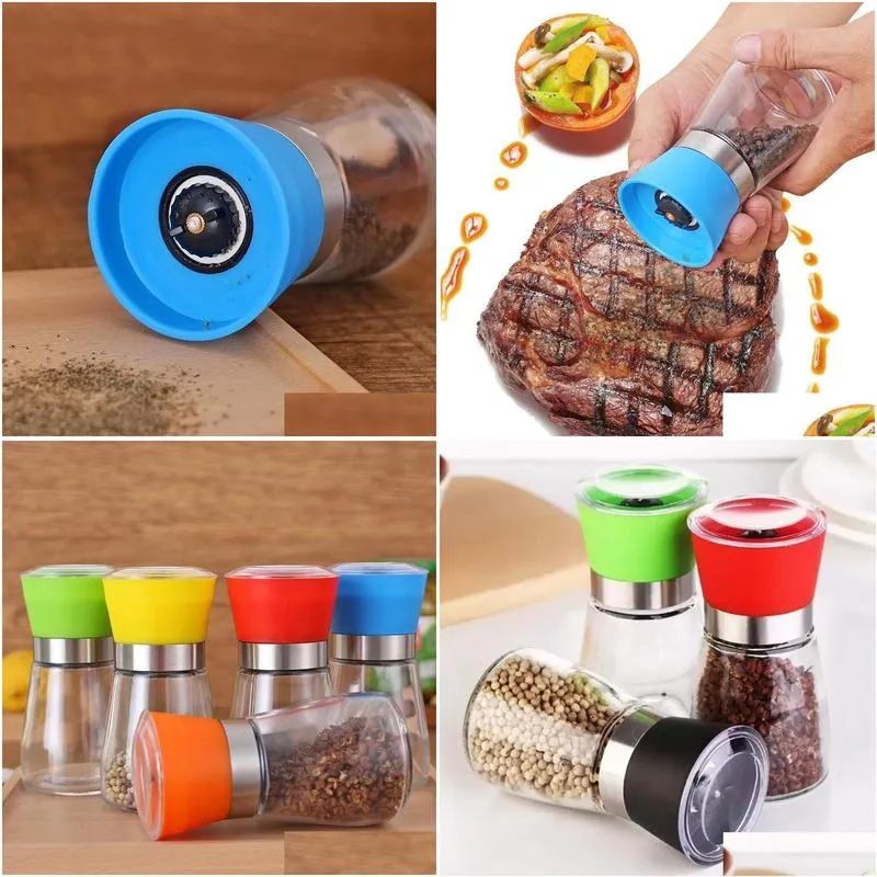 Mills Kitchen Tools Pepper Grinder Mill Glass Round Bottle Salt Herb Spice Hand Manual Cooking Bbq Seasoning Drop Delivery Home Garden Dhhue
