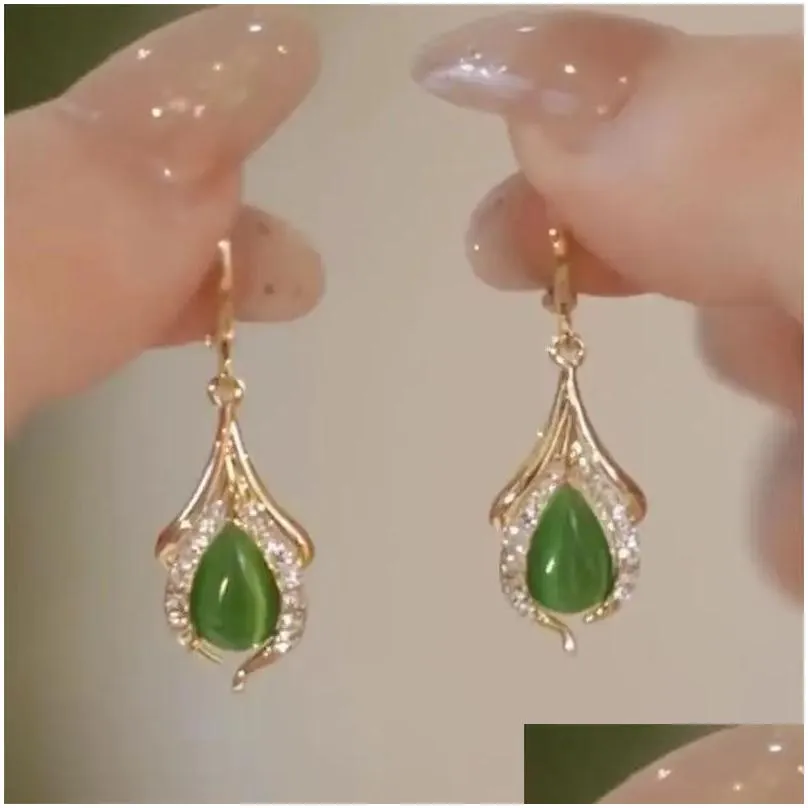 2024 New Fashion Trend Unique Design Elegant Delicate Light Luxury Zircon Green Opal 14k Yellow Gold Earrings Women Jewelry Party Premium