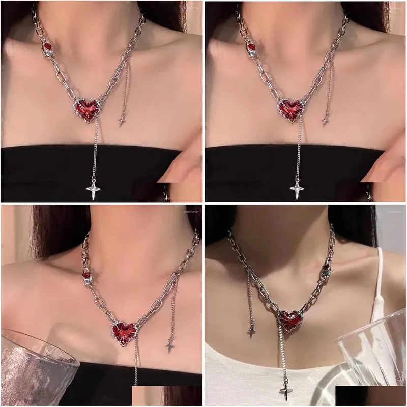 Choker Gothic Vintage Red Heart Star Cross Pendant Chain Necklace For Women Men Halloween Punk Y2K Grunge Hip Hop Jewelry Accessories