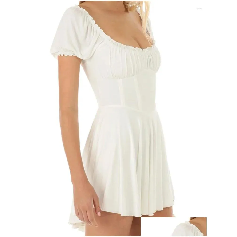 Casual Dresses Women Retro Mini Dress Puff Short Sleeve Square Neck Backless Tie-up Pleated A-line Summer Y2K Chic Kawaii Clothes