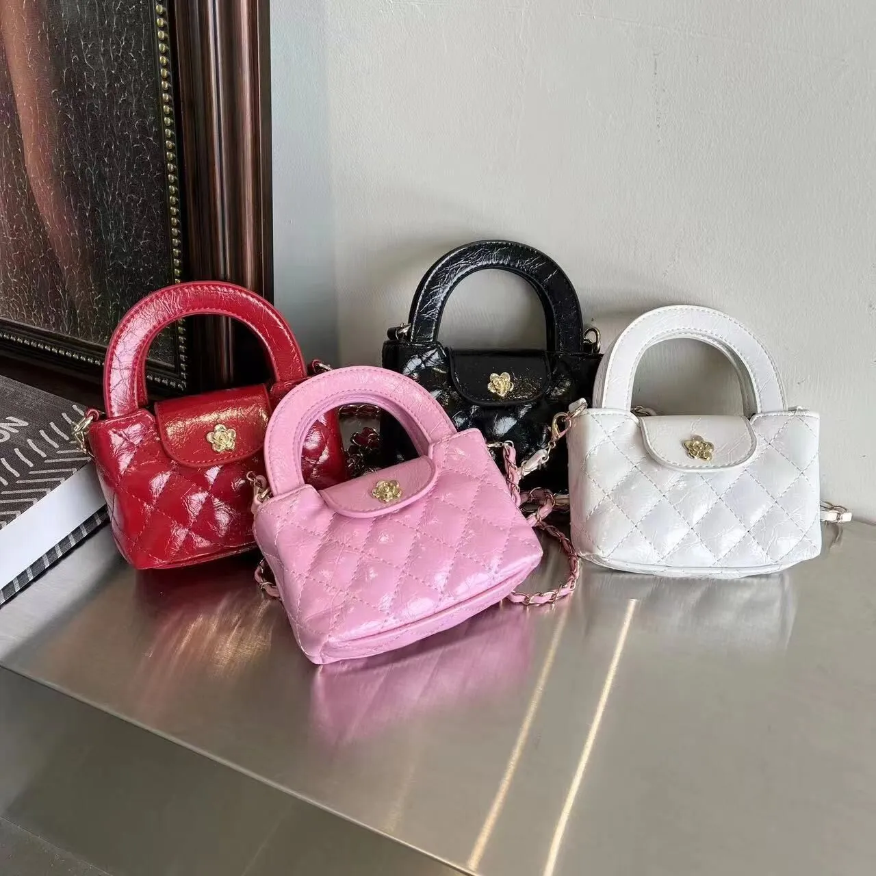 Fashion children diamond checkered handbags INS girls metal letter flower chain one shoulder bags kids PU leather crossbody bucket bag