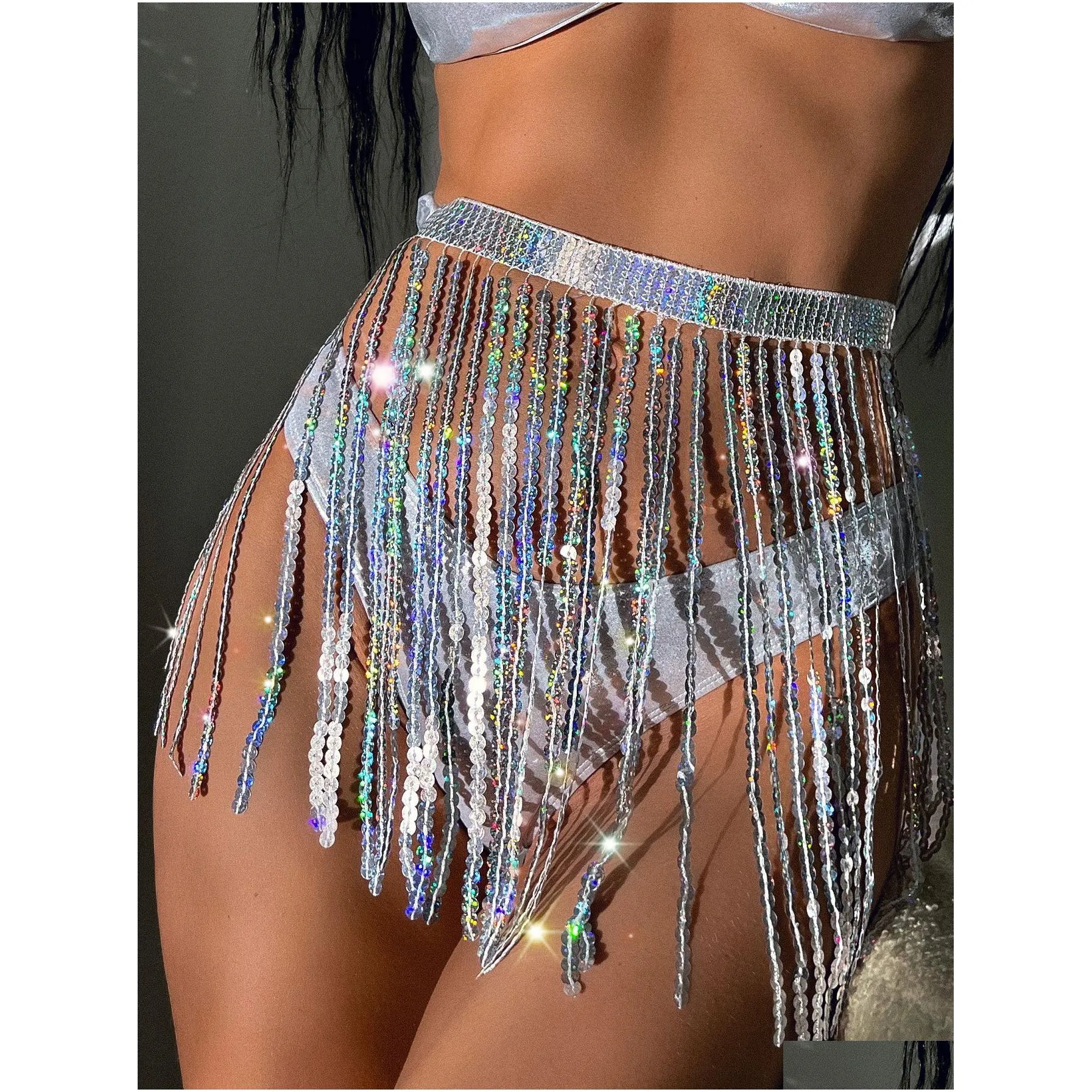 European and American bikini glitter tassel skirt party costume split swimsuit three-point bikini laser costume