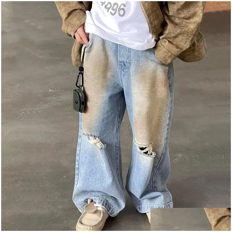 Trousers Children Clothing Kids Personality Pants 2024 Spring South Korean Light Blue Ripped Soft Loose Fashion Jeans