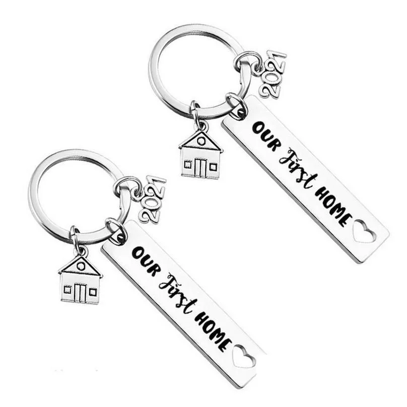 Keychains & Lanyards Stainless Steel Housewarming Keychain Pendant Family Love Creative House Lage Decoration Key Ring 12X50Mm Wholes Dh9M3