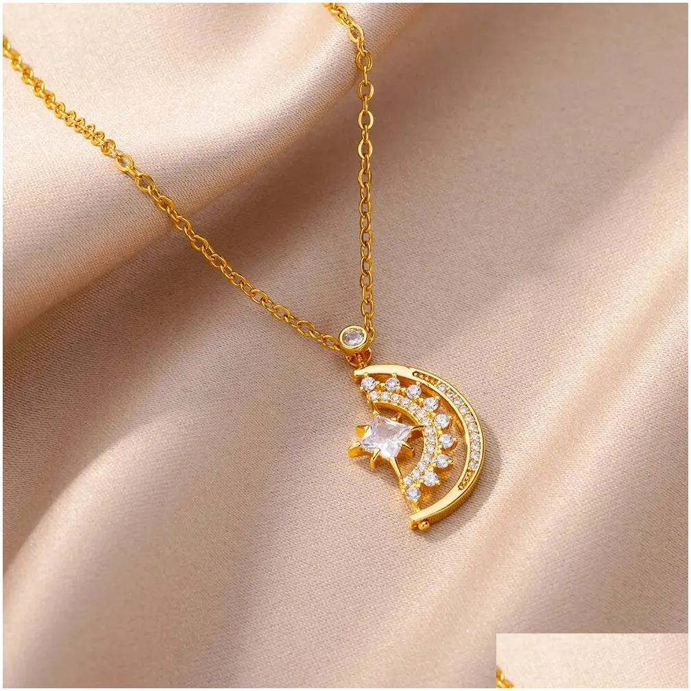 14k Gold Semicircle crescent moon Necklace For Women Girls Zircon star moon necklace Vintage Jewelry Collier