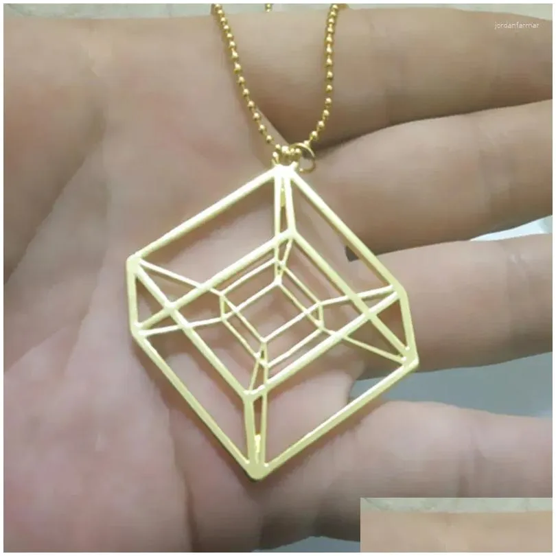 Pendant Necklaces One Piece Hypercube - Gold/Silver Plated Geometry Necklace Tesseract Math Gift With 50cm Chain